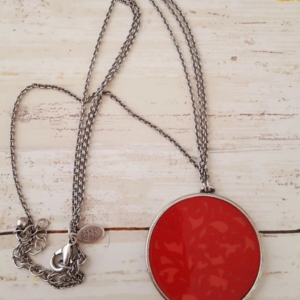 Baked Beads reversible circle necklace filligree red 16" 2 layer chain n2